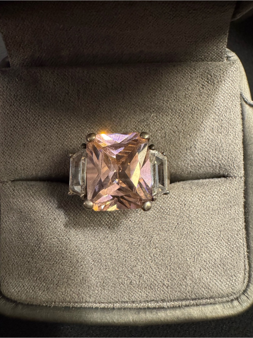 Sterling Silver Blush Pink Glass Statement Cocktail Ring - Size 6.25